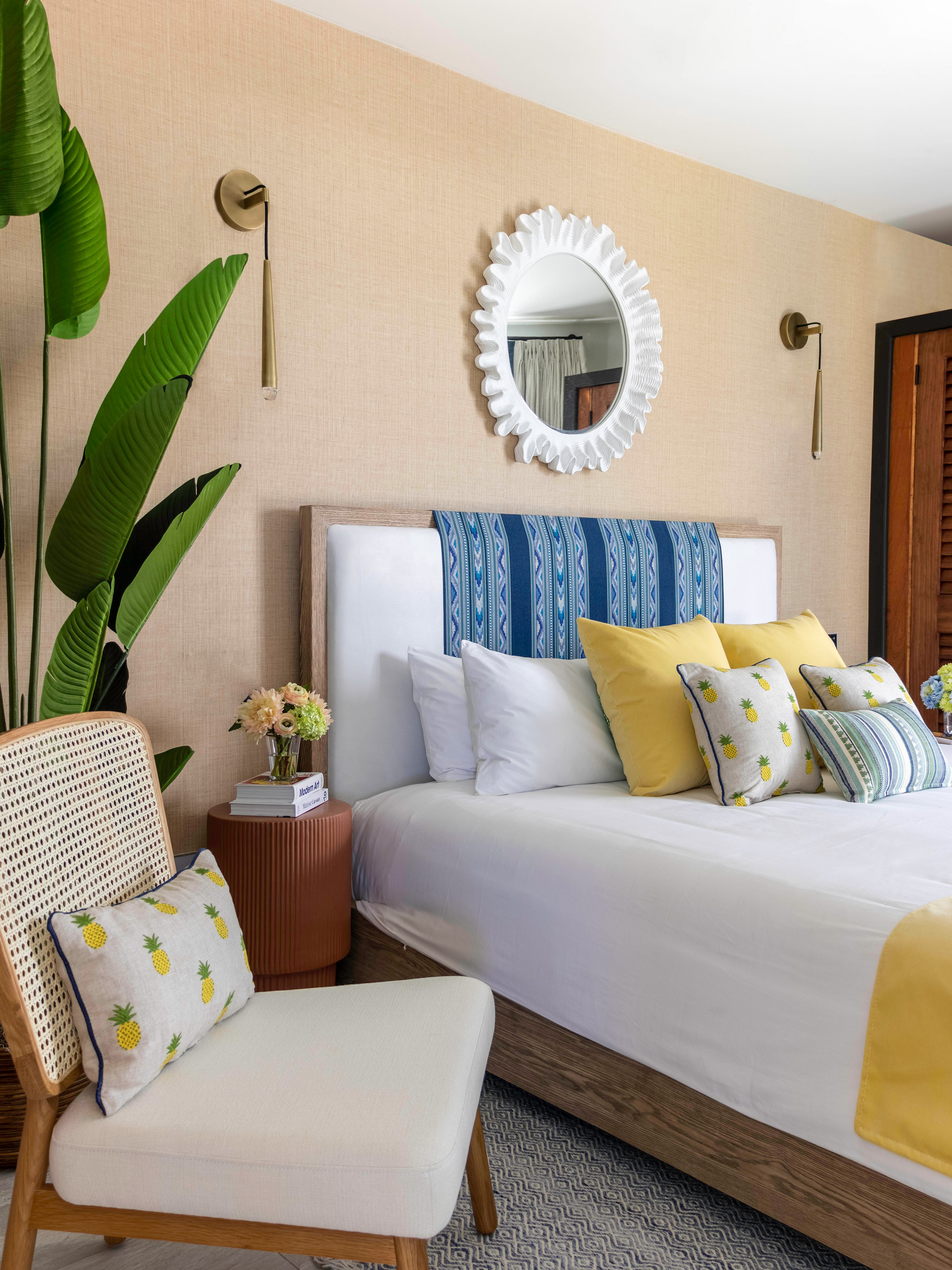 Antigua Tamarind Hills - guest room with RH sconces, schumacher textile