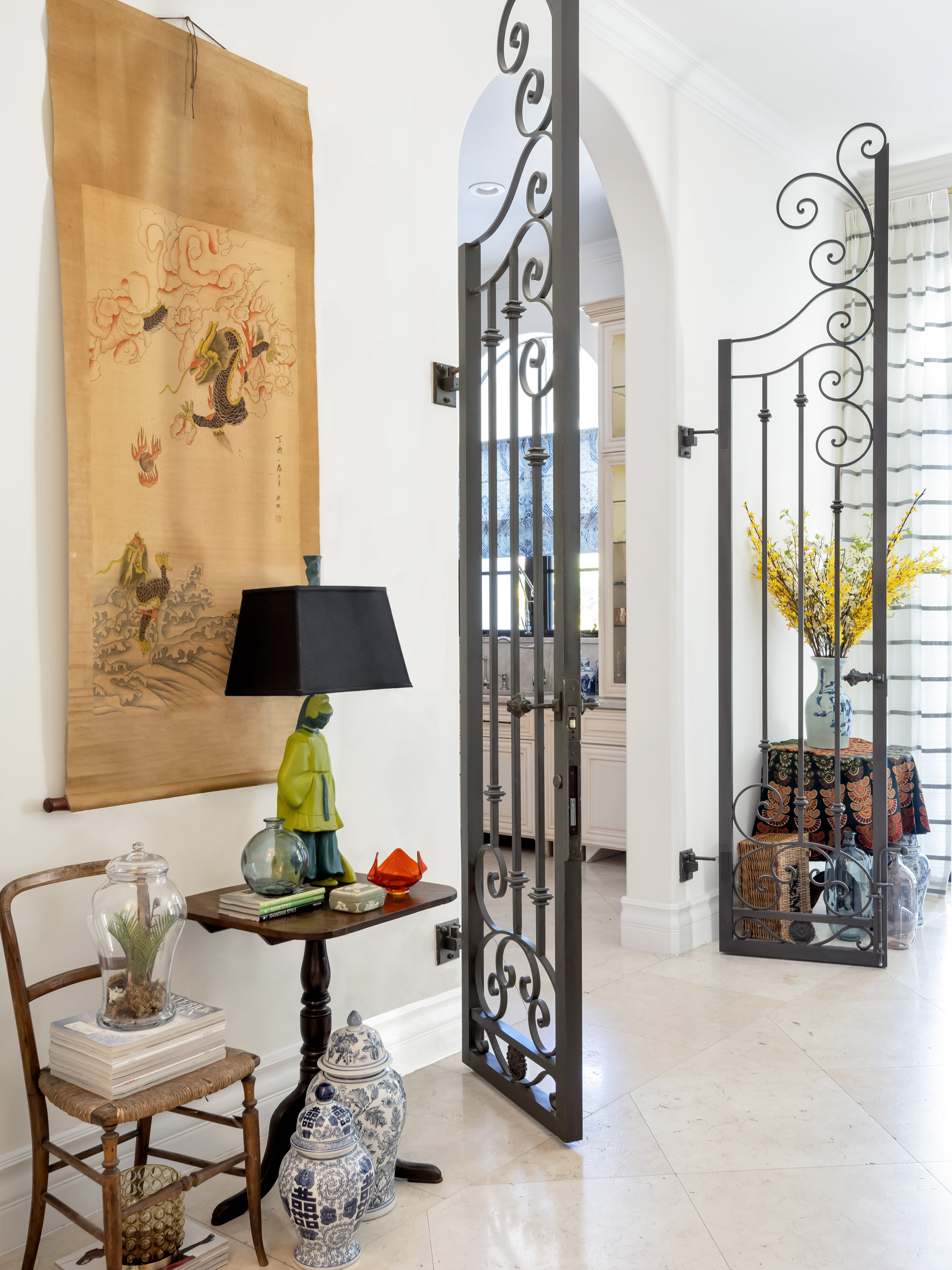 pinecrest, fl residence project - family room detail with vintage table and table lamps