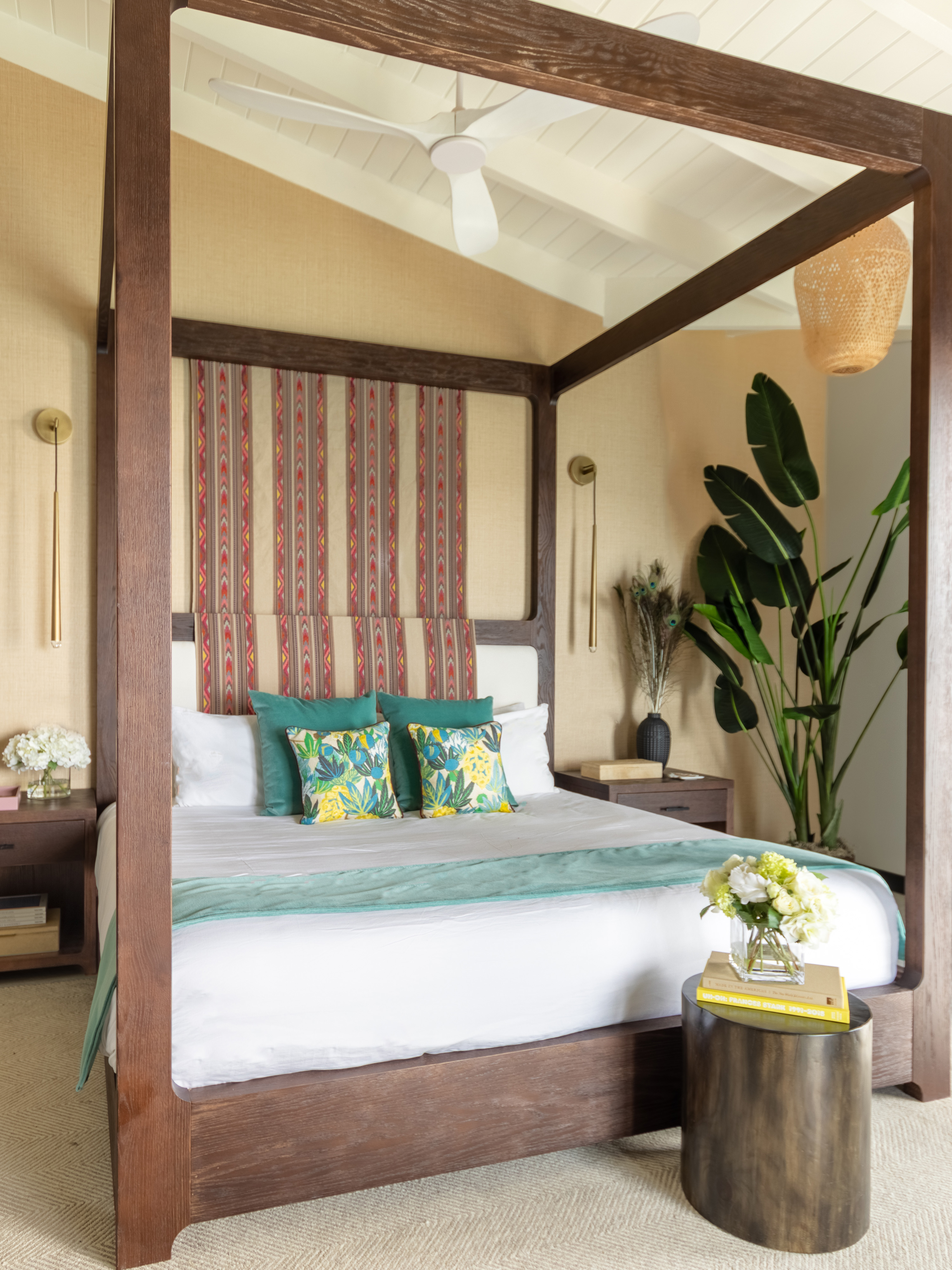 Antigua Tamarind Hills - guest room with RH sconces, schumacher textile, RH daybed