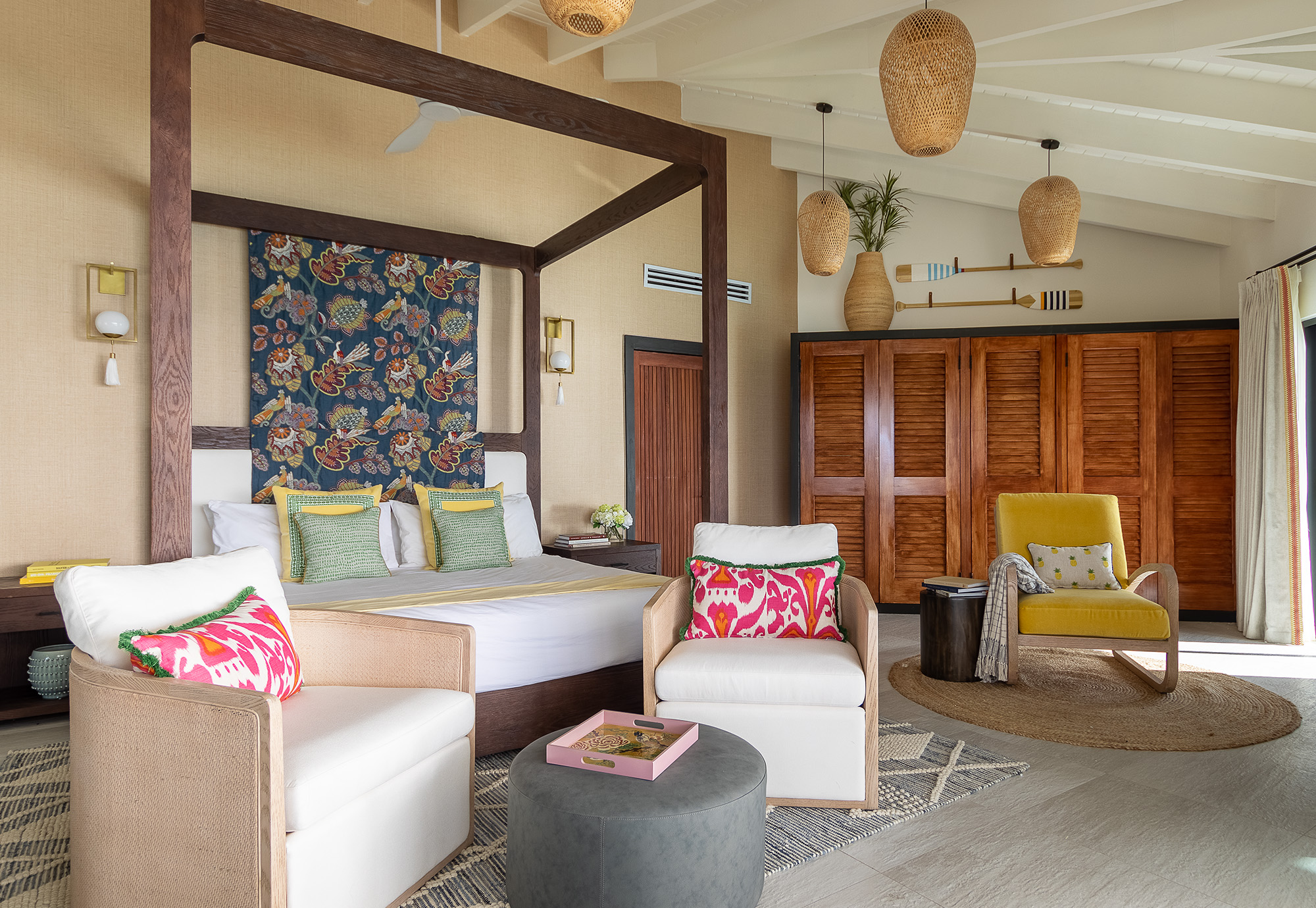 Antigua Tamarind Hills - master suite with jane churchill textile, arteriors sconces, schumacher textile