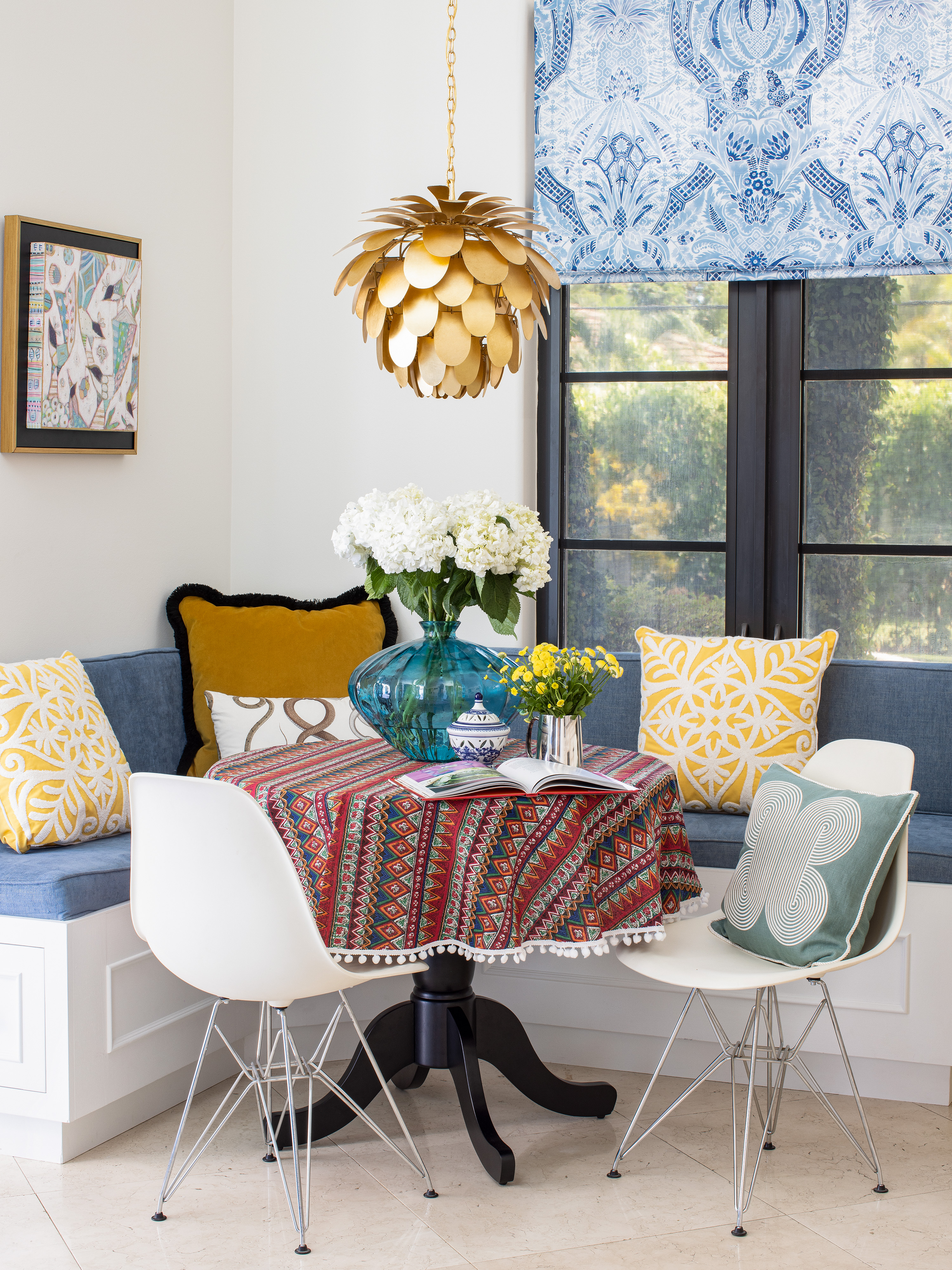 pinecrest, fl residence project - Kitchen built-in banquette eat-in with schumacher textile, visual comfort pendant