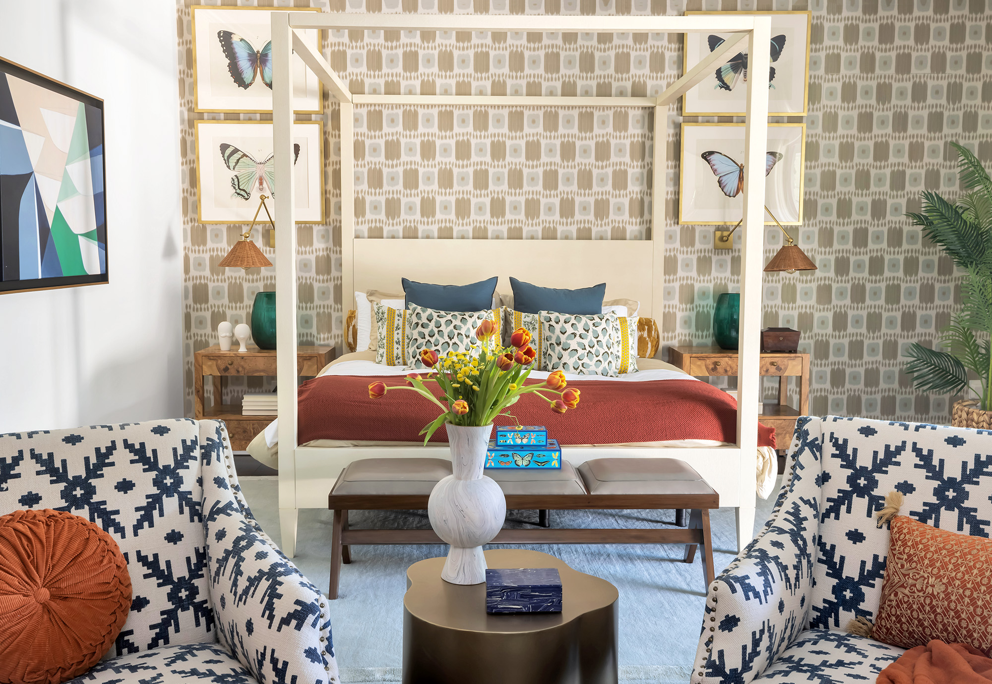 pinecrest, fl residence project - master bedroom with made goods bed, schumacher wallpaper and ateriors bench