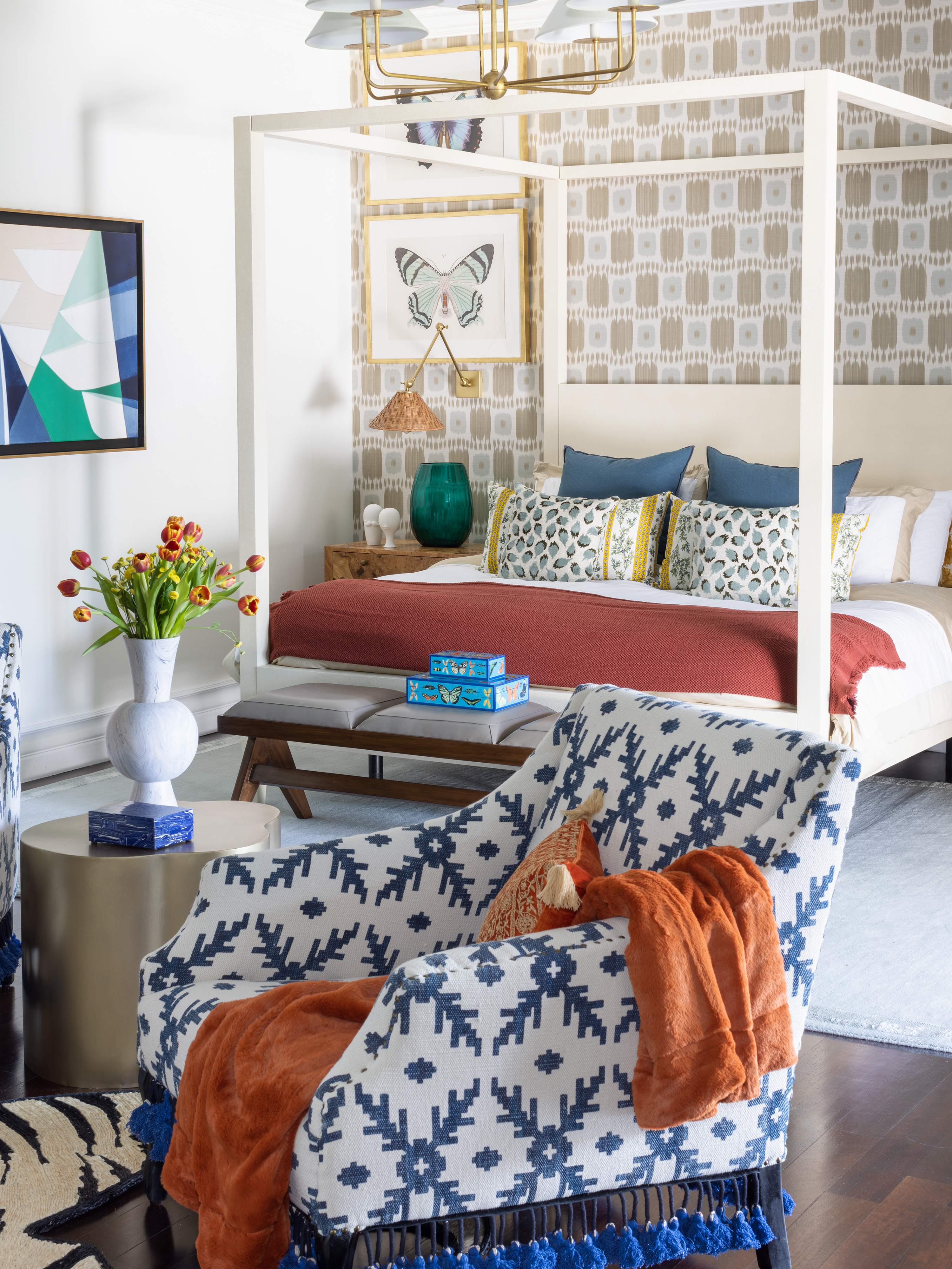 pinecrest, fl residence project - master bedroom detail with made goods bed, schumacher wallpaper