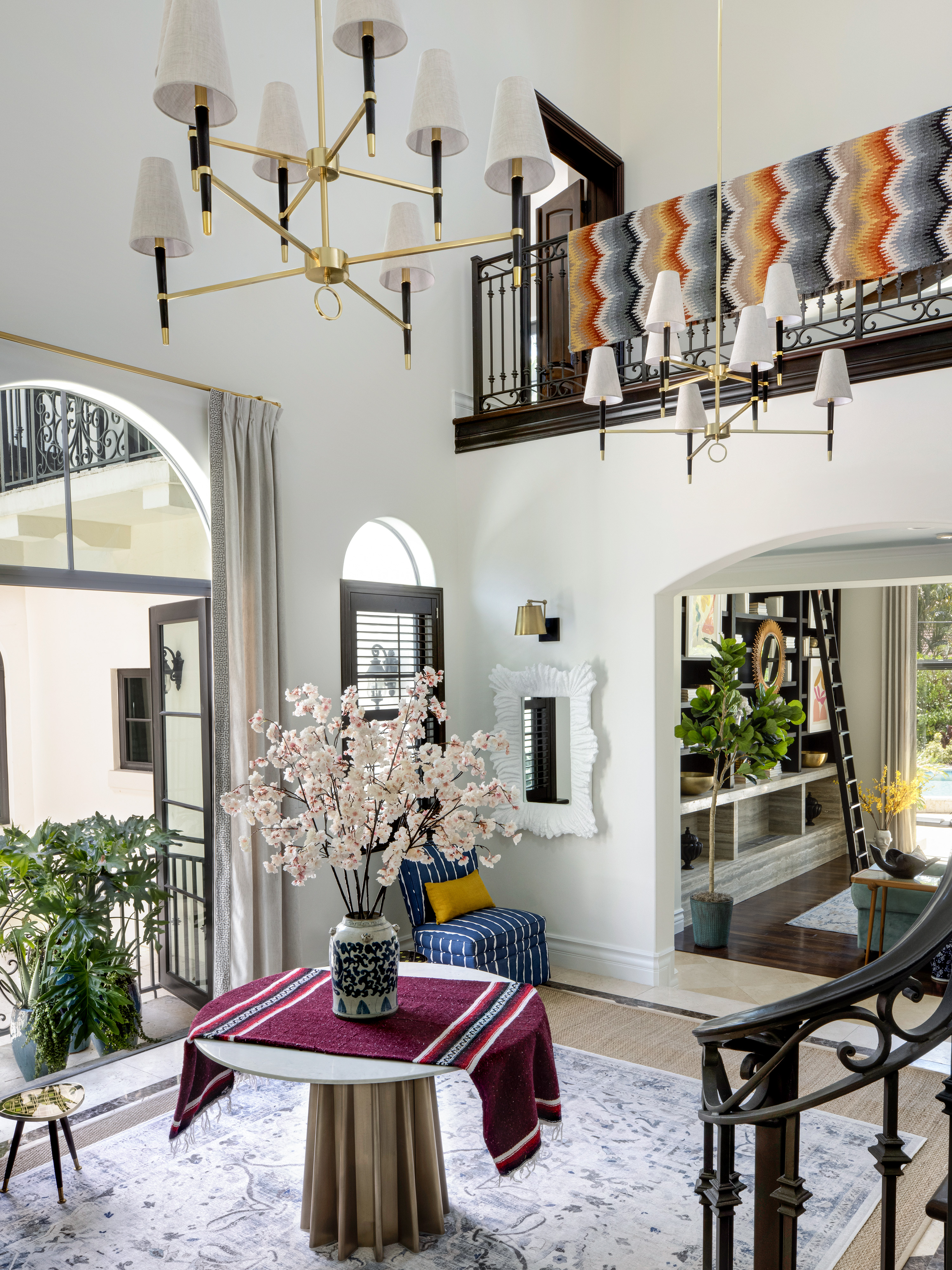 pinecrest, miami, fl residence project - foyer with jonathan adler chandelier, made goods mirror