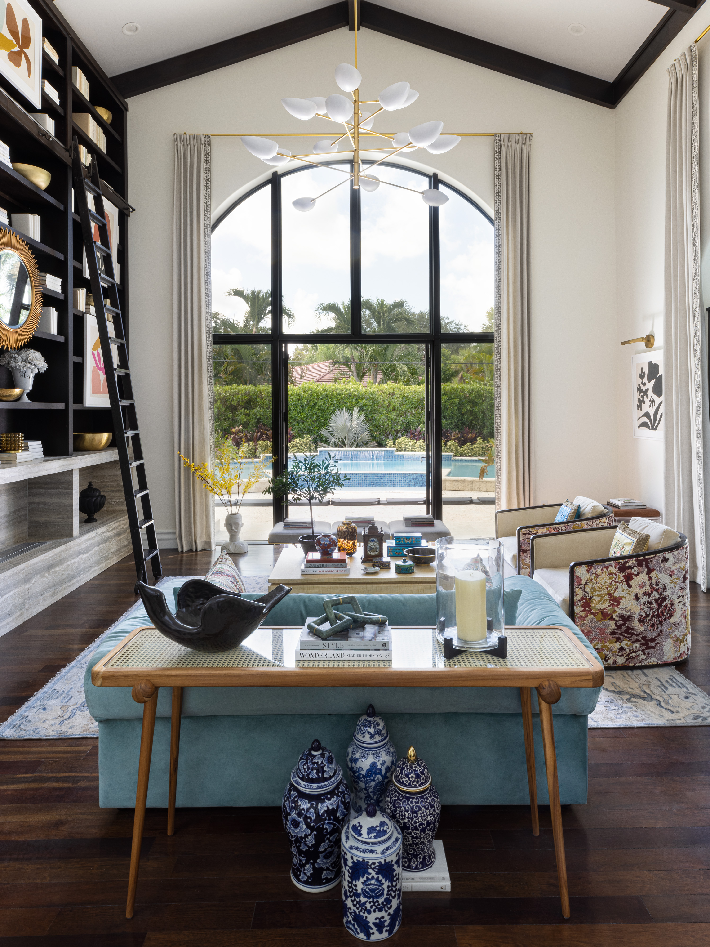 pinecrest, miami, fl residence project - living room with visual comfort chandelier