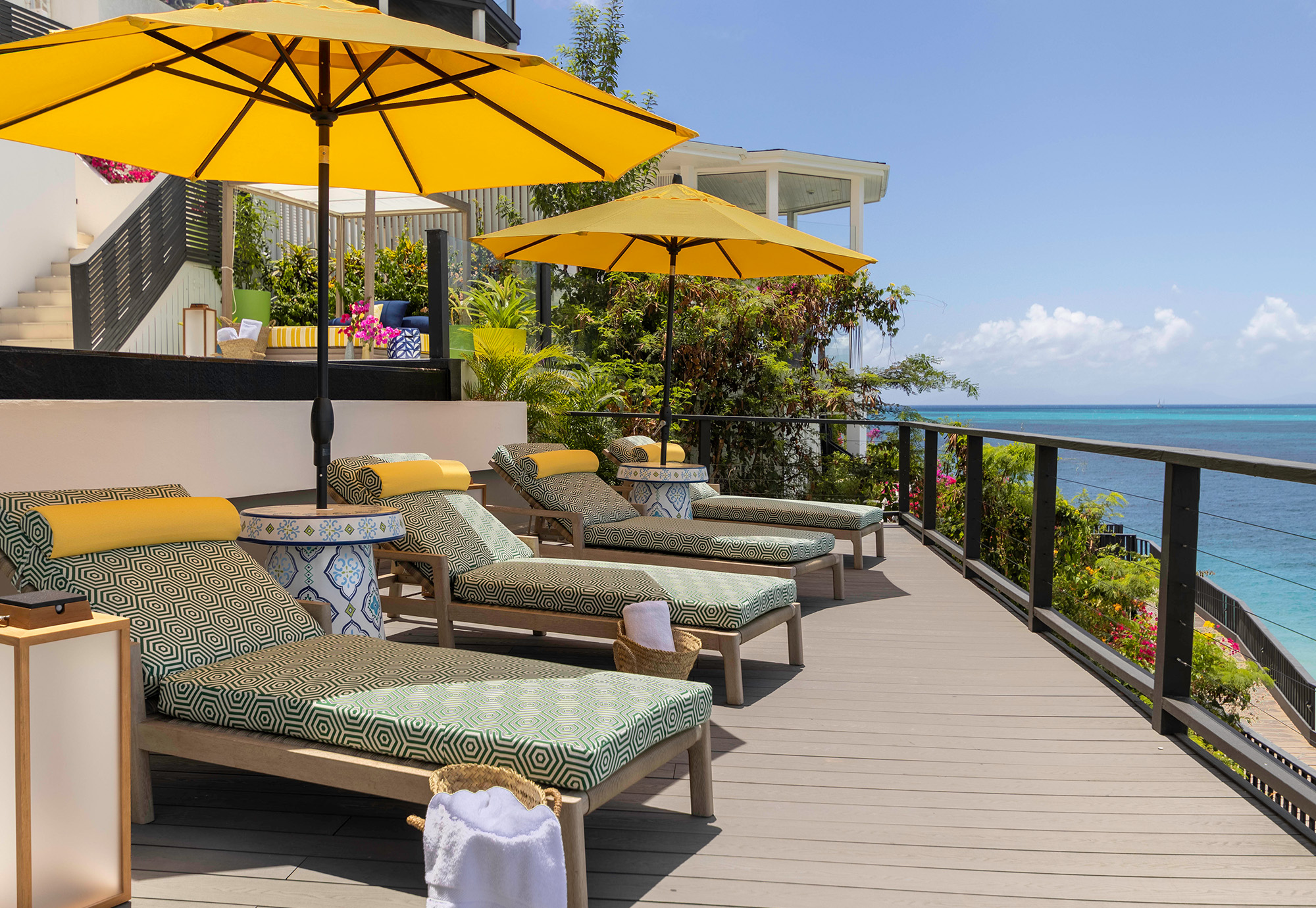 Antigua Tamarind Hills Multi-Level Beachfront Home Ocean Side Lounge - schumacher textile