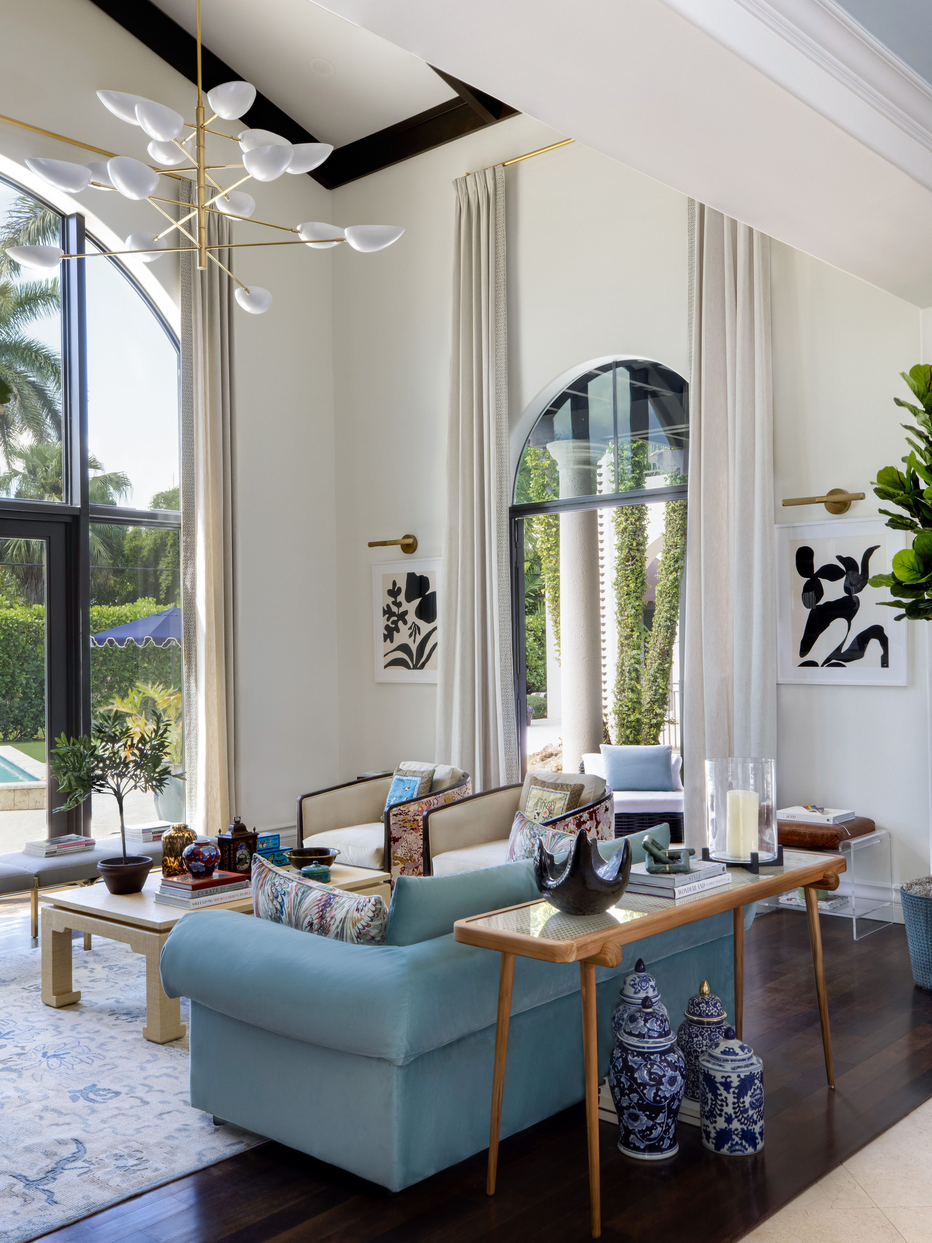 pinecrest, miami, fl residence project - living room with visual comfort chandelier, rh sconces, timothy oulton sofa