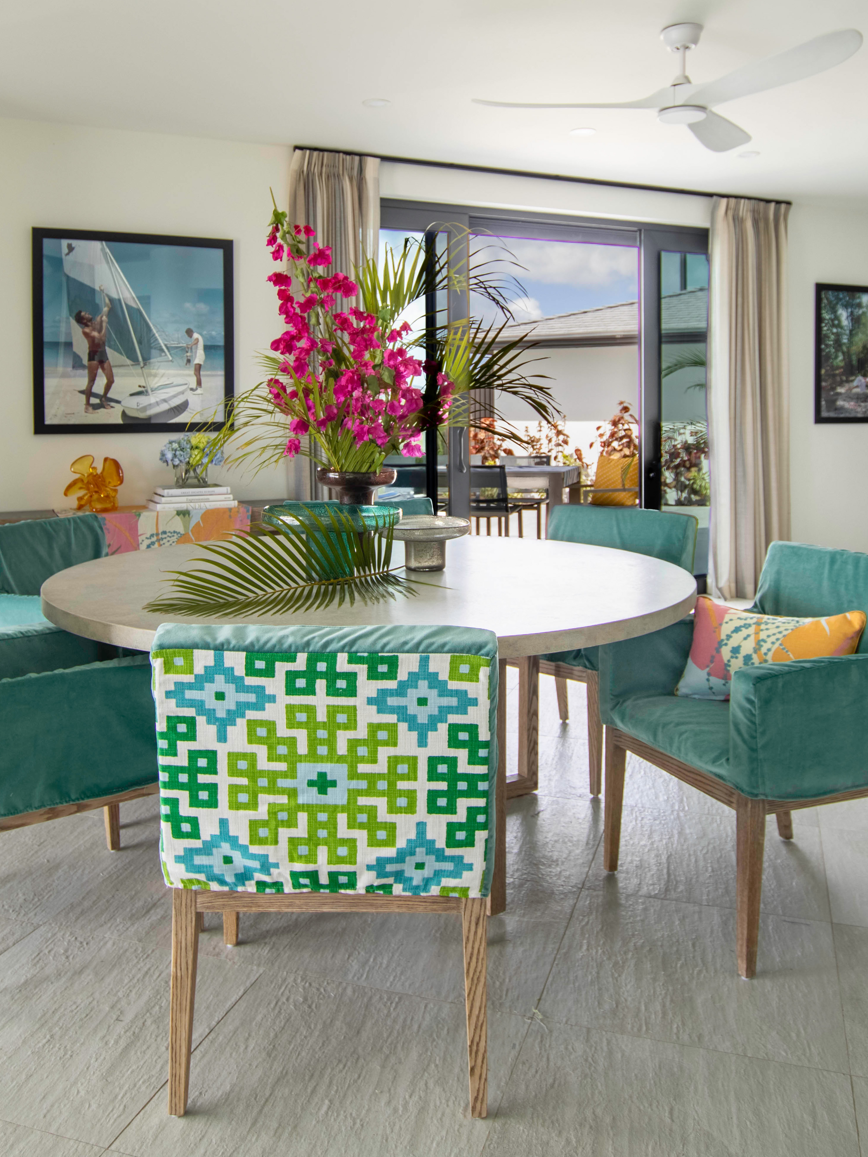 Antigua Tamarind Hills - dining room with schumacher textile, slim aarons artwork