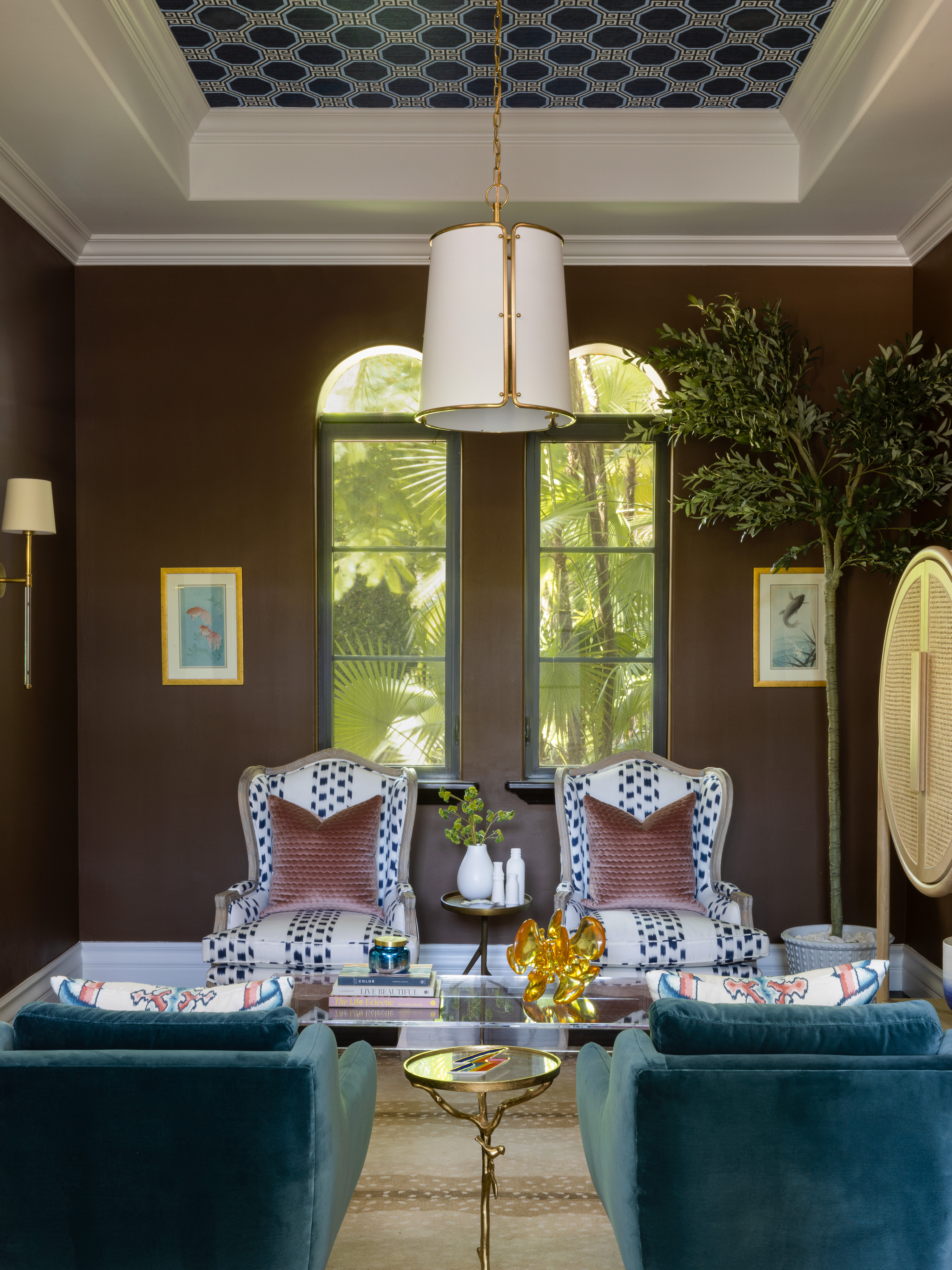 pinecrest, fl residence project - lounge with schumacher textile, visual comfort pendant, schumacher wallpaper