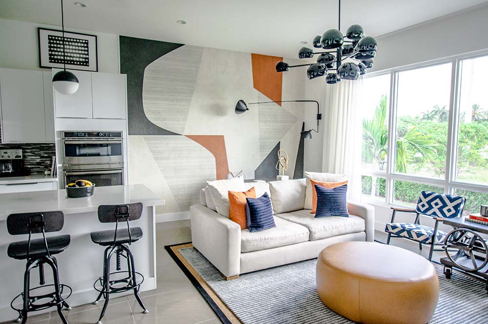 modern, multi-story townhome living room in doral, fl, before and after